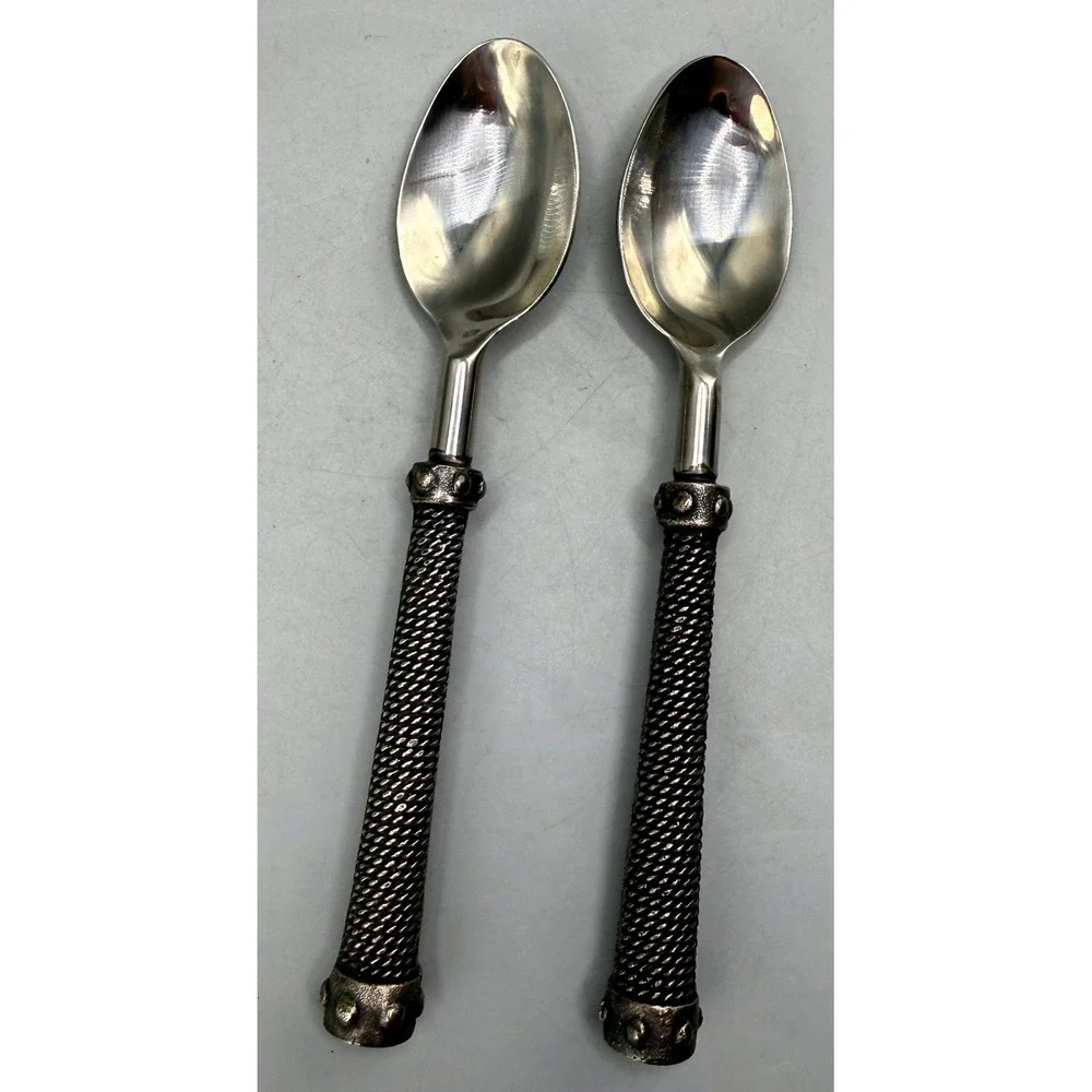 Pottery Barn Antique Rope Spoons Silver Metal Twisted Handle Set of 2 India